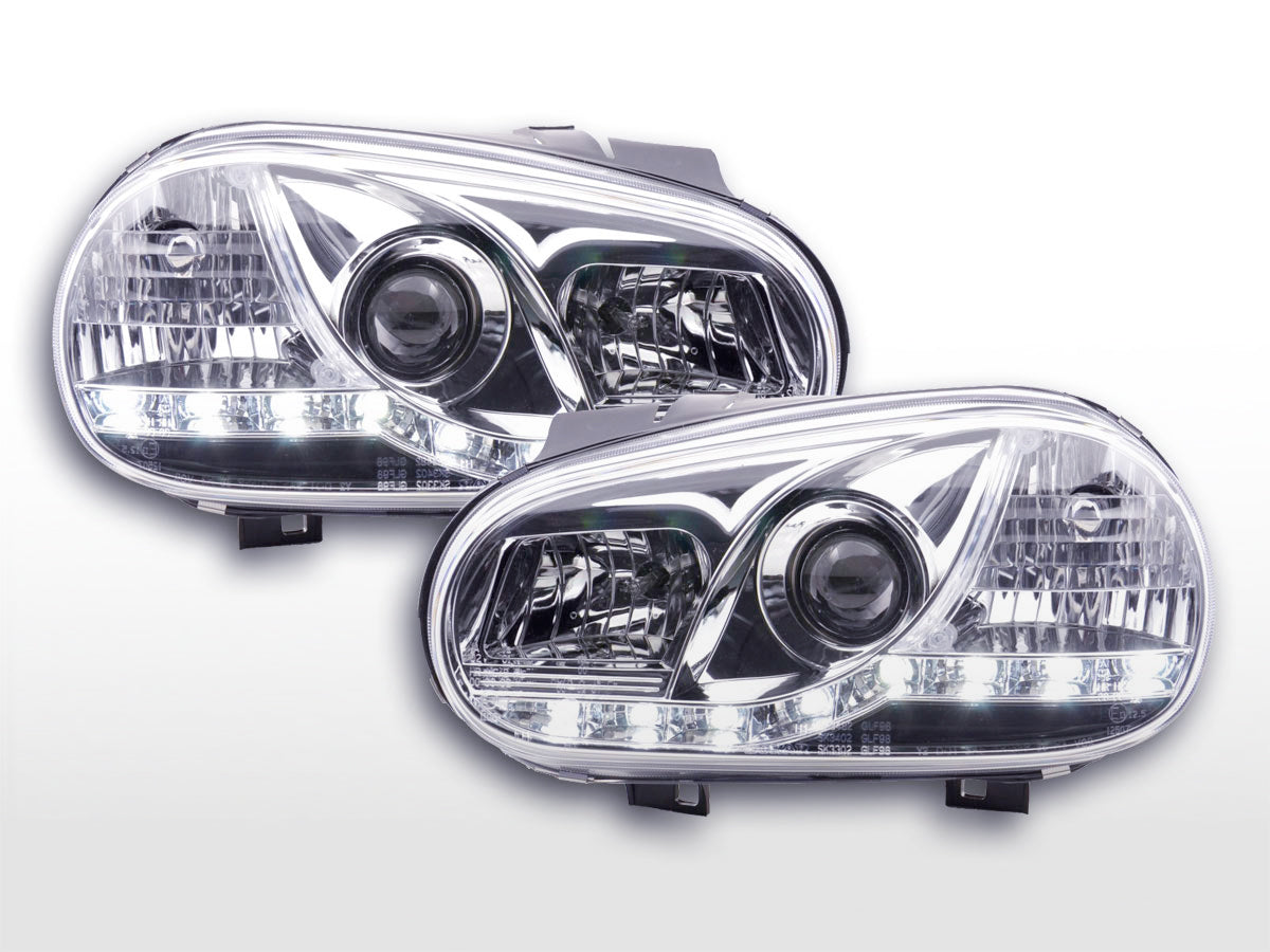 Scheinwerfer Set Daylight LED Tagfahrlicht VW Golf 4 97-03 chrom für Rechtslenker Scheinwerfer Set Daylight LED Tagfahrlicht VW Golf 4 97-03 chrom für Rechtslenker